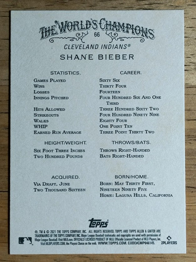 2021 Topps Allen and Ginter #66 Shane Bieber