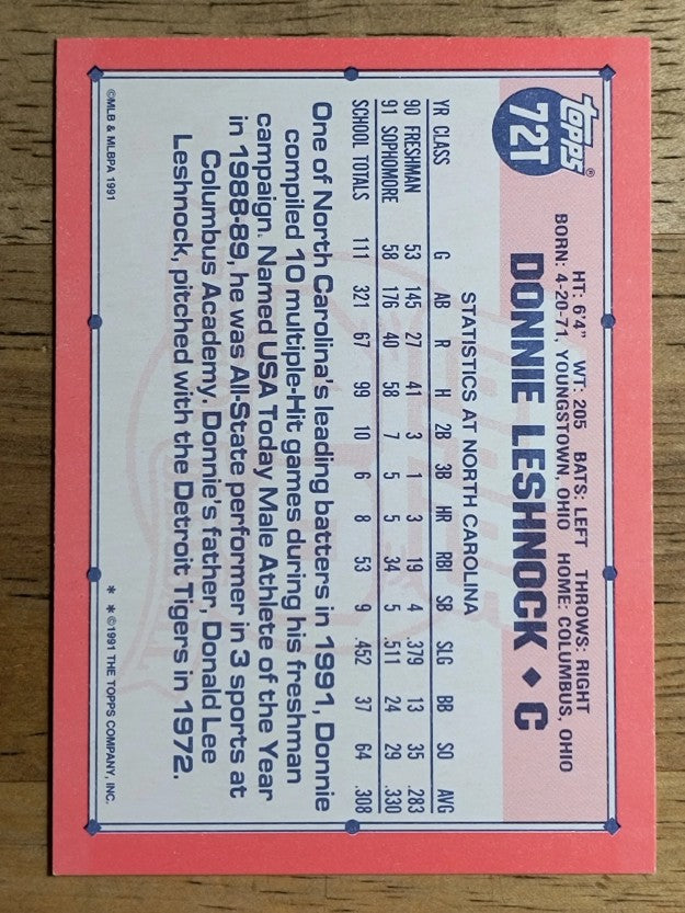 1991 Topps Traded #72T Donnie Leshnock USA RC