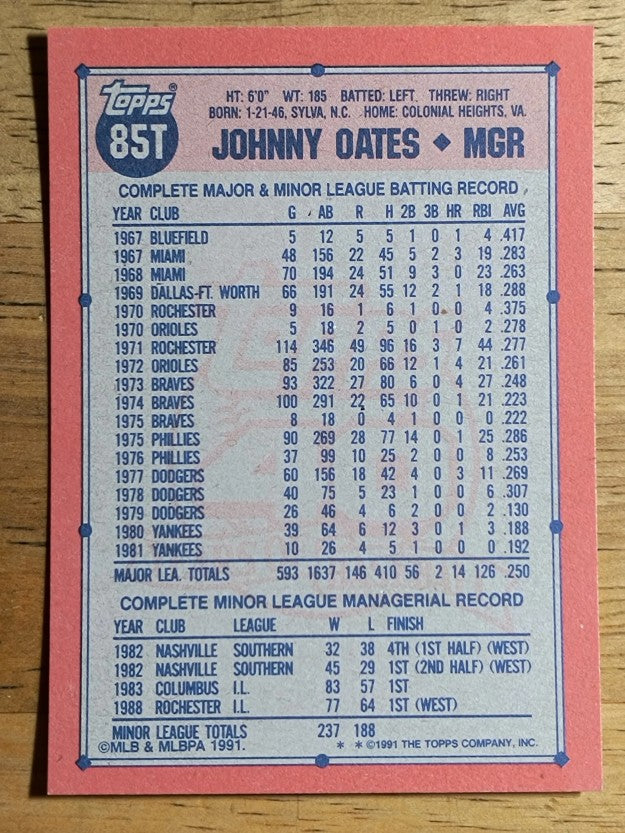 1991 Topps Traded #85T Johnny Oates MG