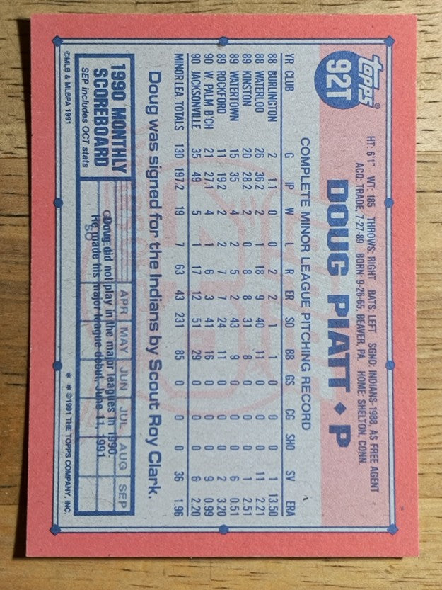 1991 Topps Traded #92T Doug Piatt RC