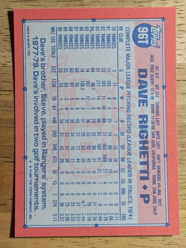 1991 Topps Traded #96T Dave Righetti