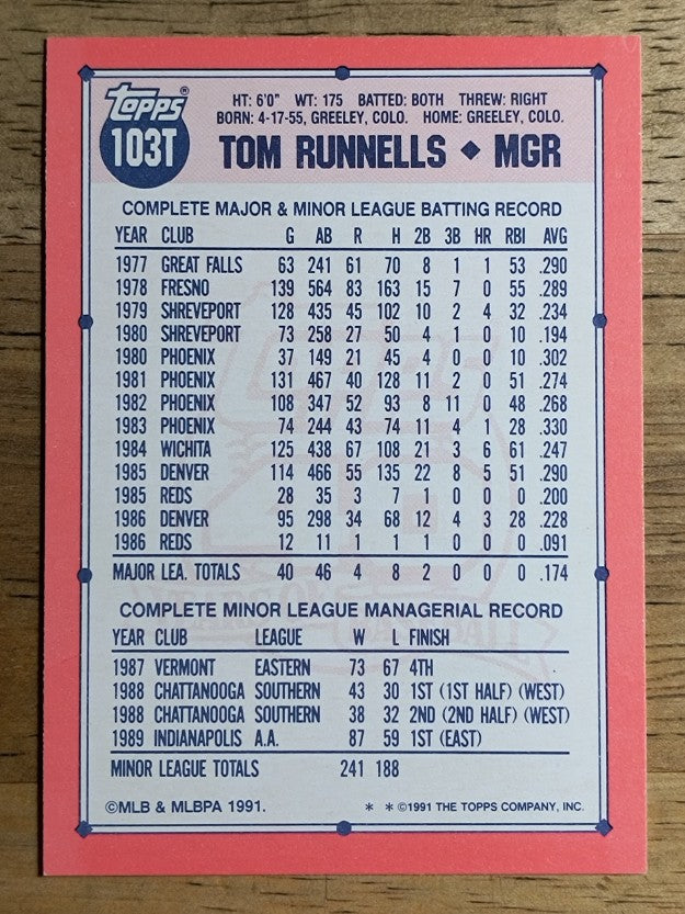 1991 Topps Traded #103T Tom Runnells MG