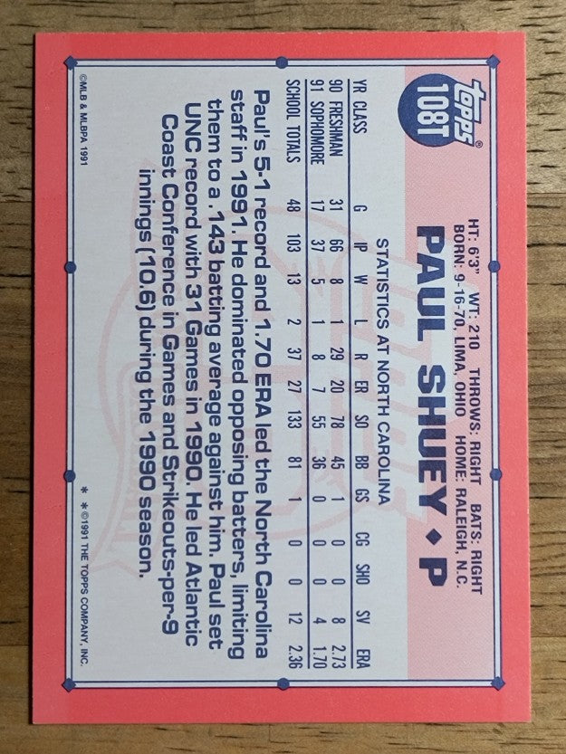1991 Topps Traded #108T Paul Shuey USA RC