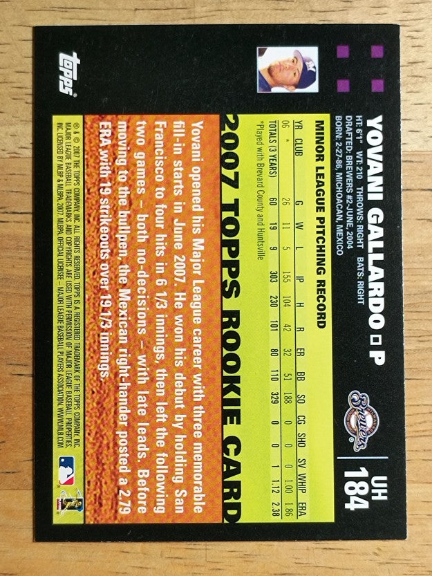 2007 Topps Update #184 Yovani Gallardo (NM)