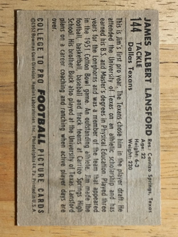 1952 Bowman Small #144 Jim Lansford RC (EX)