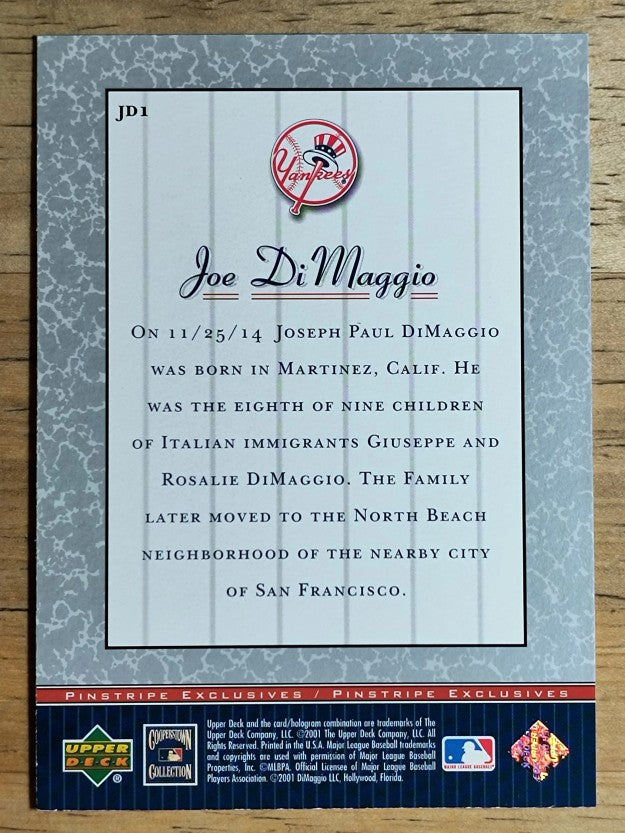 2001 Upper Deck Pinstripe Exclusives DiMaggio #JD1 Joe DiMaggio