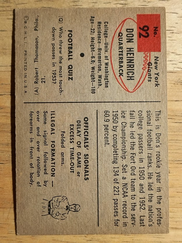 1954 Bowman #92 Don Heinrich SP RC (EX)