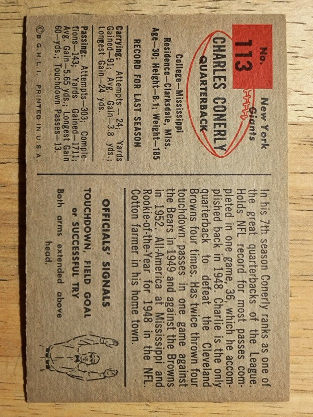 1954 Bowman #113 Charley Conerly (EXMT)