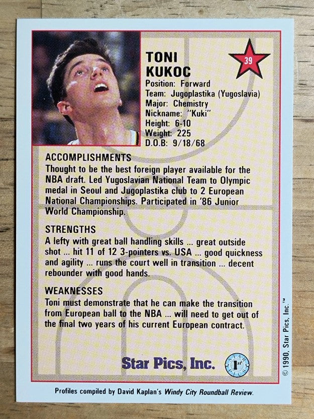 1990 Star Pics #39 Toni Kukoc