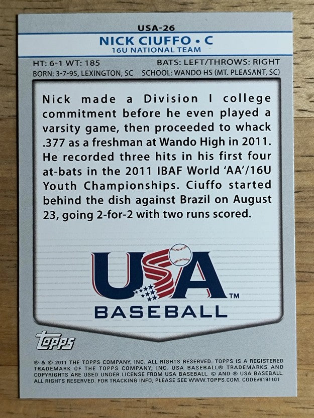 2011 USA Baseball #USA26 Nick Ciuffo