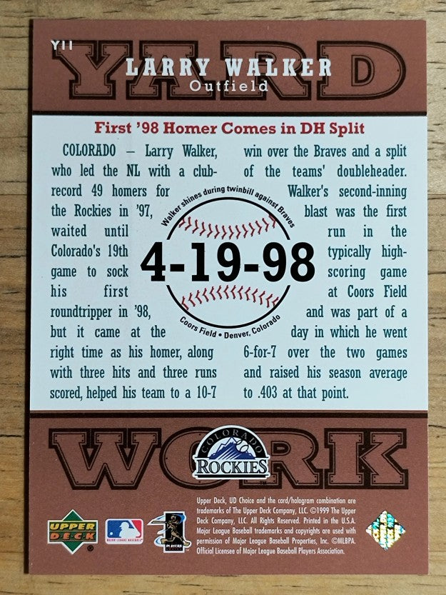 1999 UD Choice Yard Work #Y11 Larry Walker