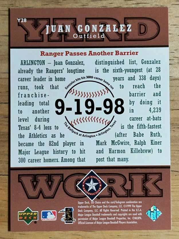 1999 UD Choice Yard Work #Y28 Juan Gonzalez