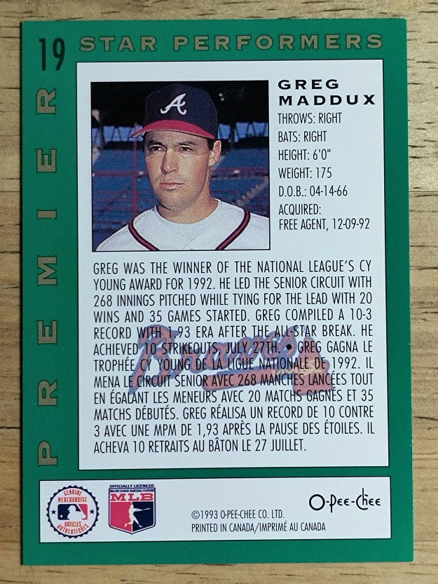 1993 O-Pee-Chee Premier Star Performers #19 Greg Maddux