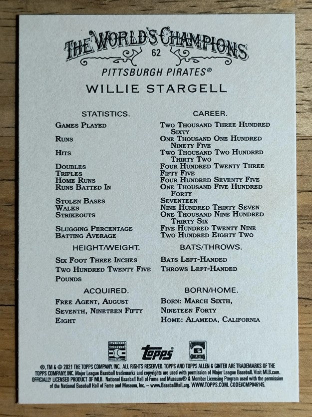 2021 Topps Allen and Ginter #62 Willie Stargell