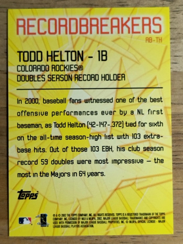 2003 Topps Record Breakers #TH1 Todd Helton 1