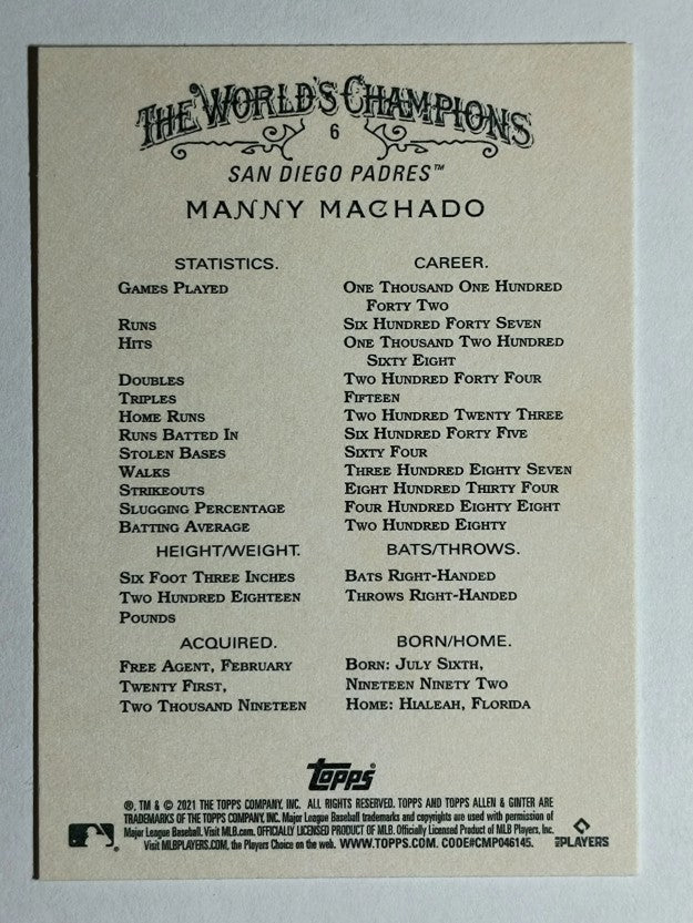 2021 Topps Allen and Ginter #6 Manny Machado