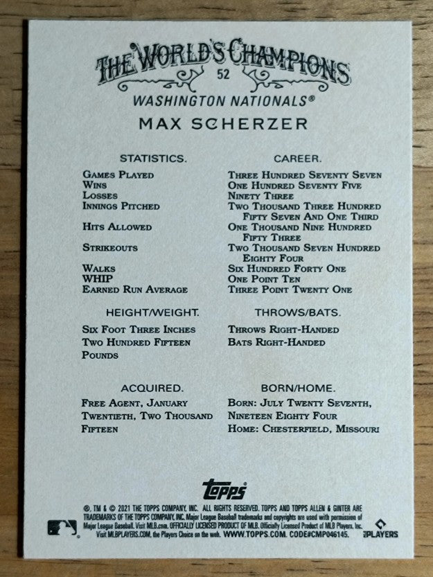 2021 Topps Allen and Ginter #52 Max Scherzer