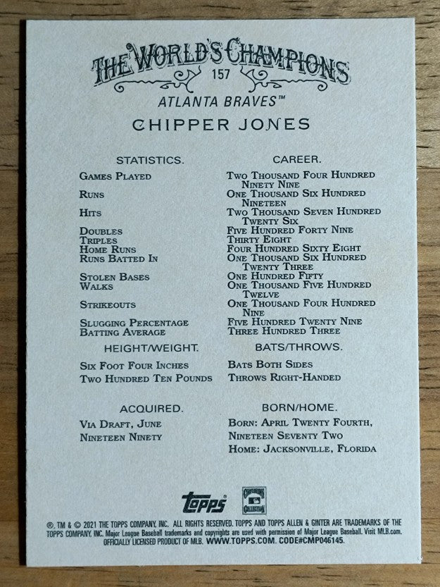 2021 Topps Allen and Ginter #157 Chipper Jones