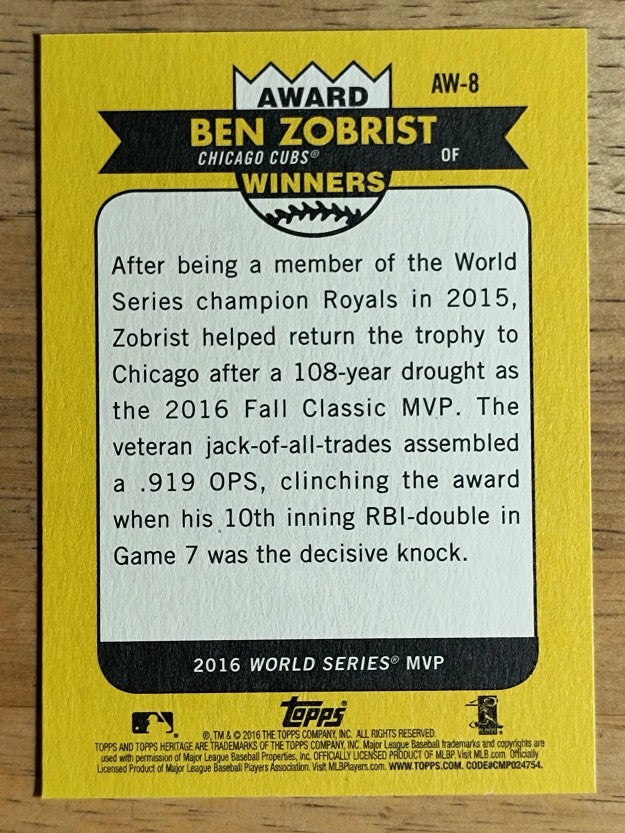2017 Topps Heritage Award Winners #AW8 Ben Zobrist