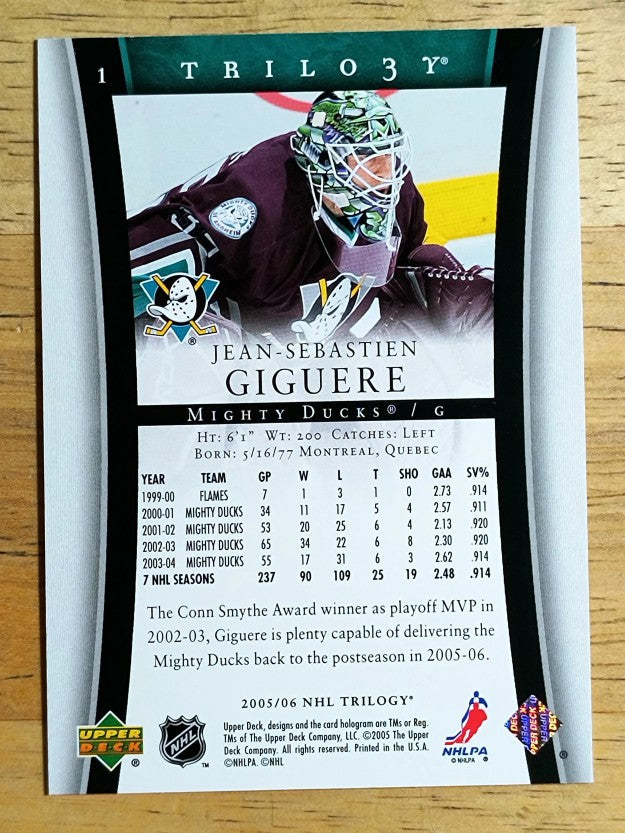 2005-06 Upper Deck Trilogy #1 Jean-Sebastien Giguere