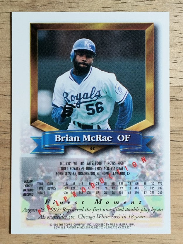 1994 Finest Pre-Production #62P Brian McRae