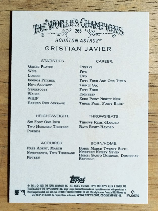 2021 Topps Allen and Ginter #266 Cristian Javier RC