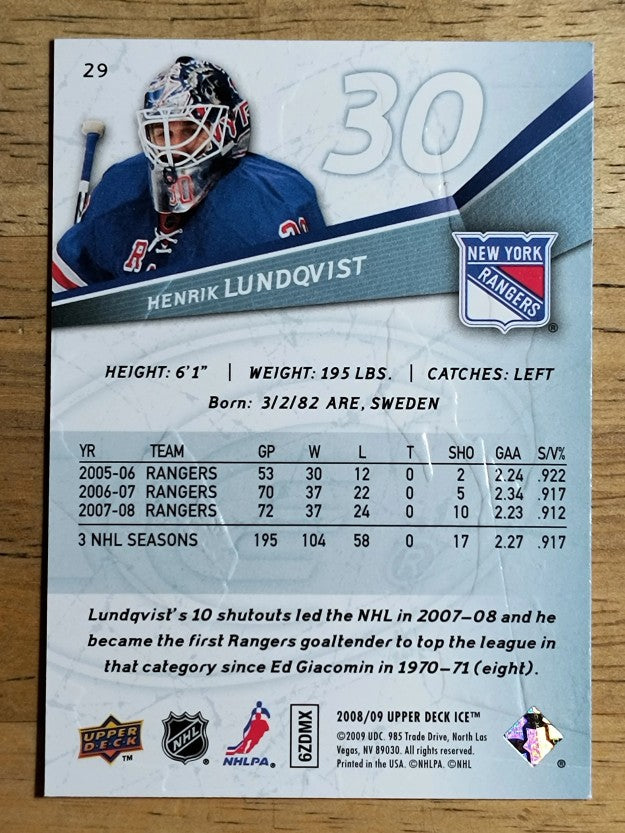 2008-09 Upper Deck Ice #29 Henrik Lundqvist