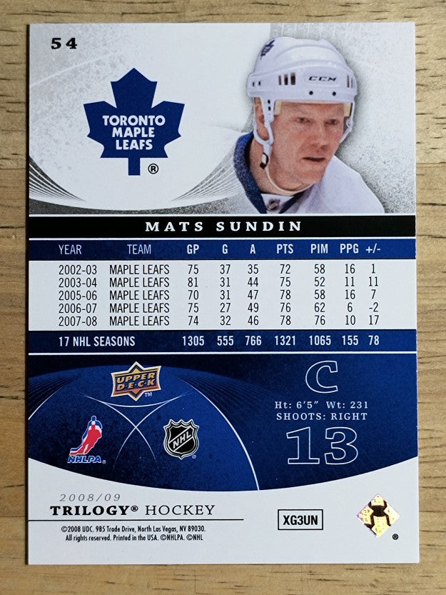 2008-09 Upper Deck Trilogy #54 Mats Sundin