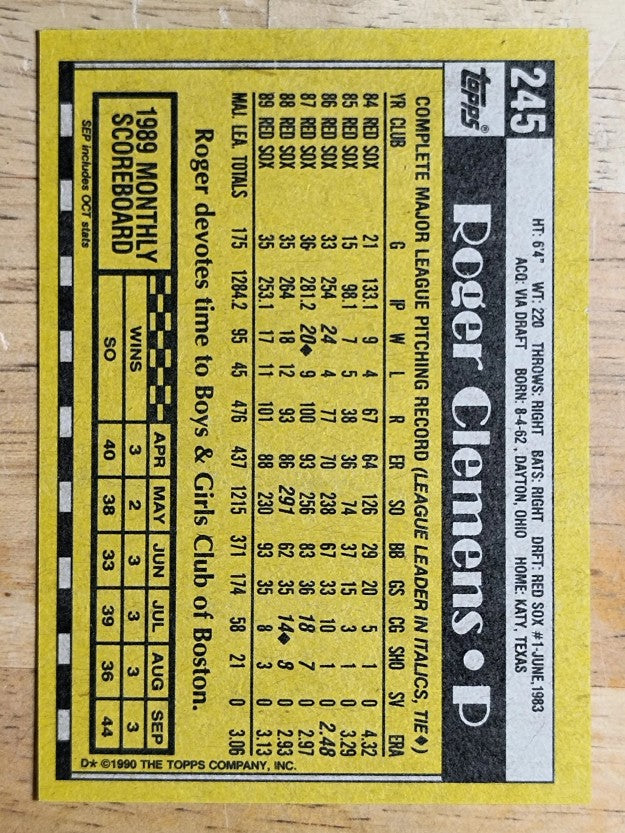 1990 Topps #245 Roger Clemens