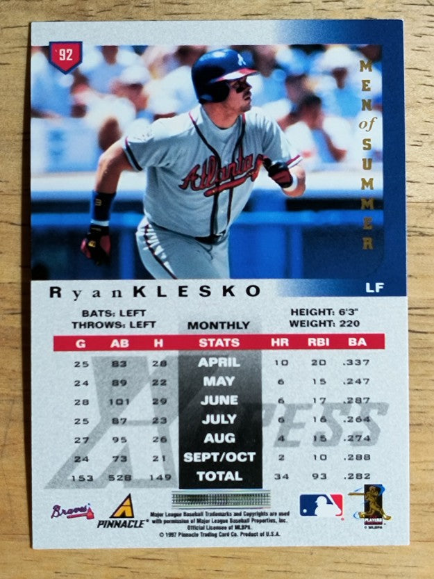 1997 Pinnacle X-Press Men of Summer #92 Ryan Klesko
