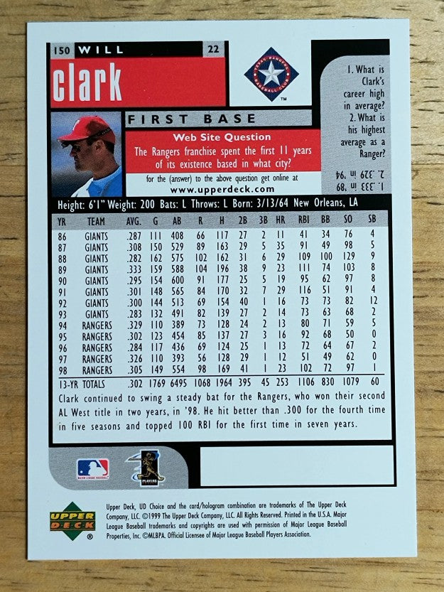 1999 UD Choice #150 Will Clark