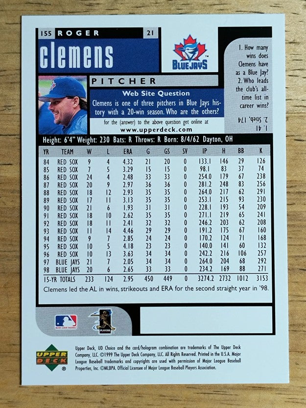1999 UD Choice #155 Roger Clemens