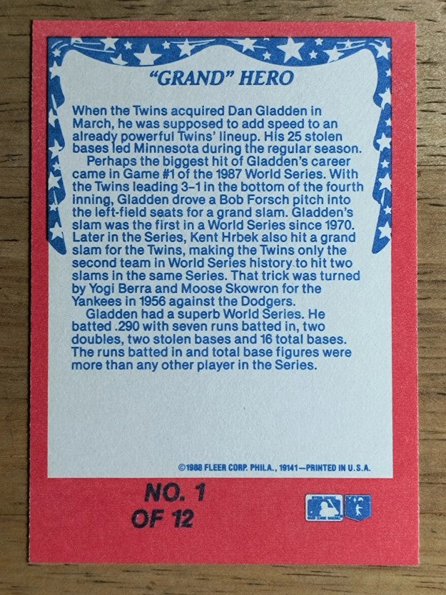 1988 Fleer World Series #1 Dan Gladden