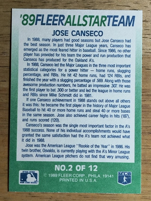 1989 Fleer All-Stars #2 Jose Canseco