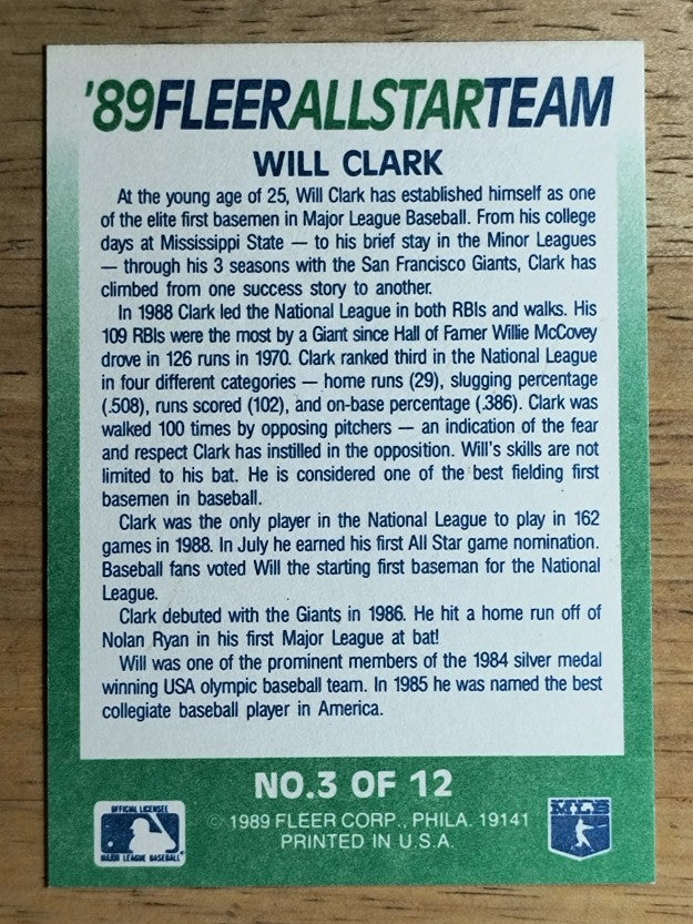 1989 Fleer All-Stars #3 Will Clark