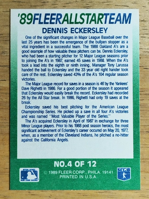 1989 Fleer All-Stars #4 Dennis Eckersley