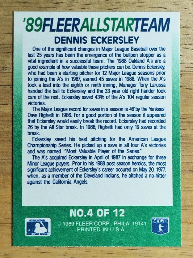 1989 Fleer All-Stars #4 Dennis Eckersley