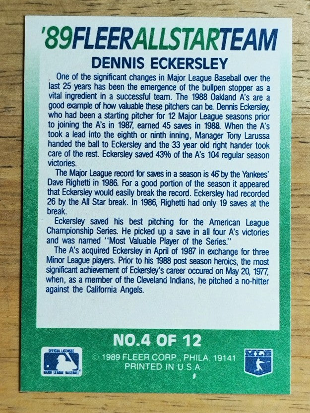 1989 Fleer All-Stars #4 Dennis Eckersley