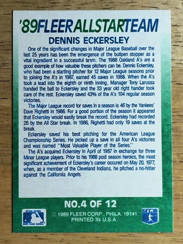 1989 Fleer All-Stars #4 Dennis Eckersley