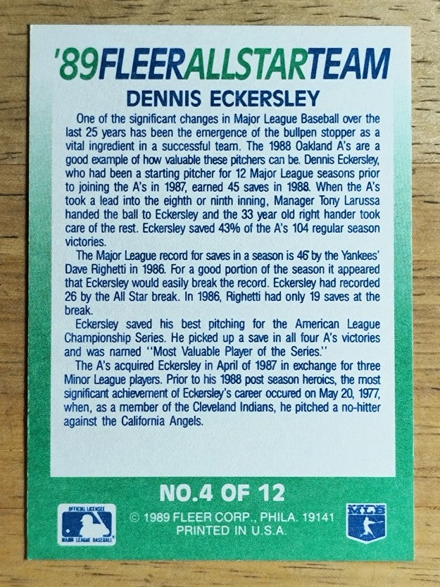 1989 Fleer All-Stars #4 Dennis Eckersley