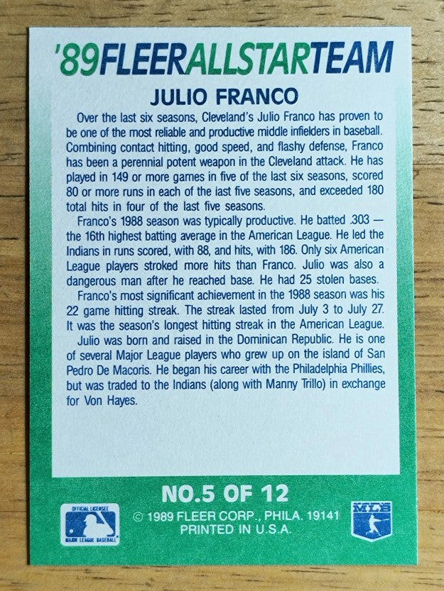 1989 Fleer All-Stars #5 Julio Franco