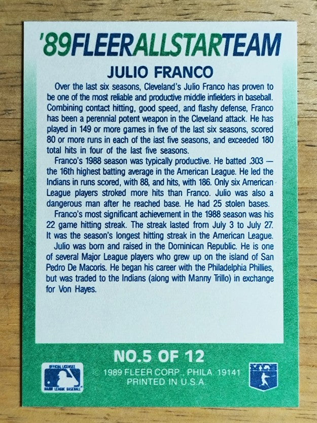 1989 Fleer All-Stars #5 Julio Franco