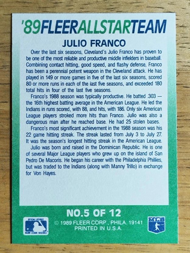 1989 Fleer All-Stars #5 Julio Franco