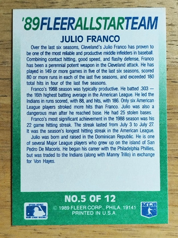 1989 Fleer All-Stars #5 Julio Franco