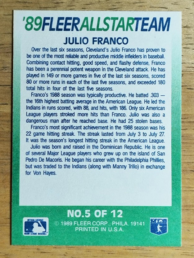 1989 Fleer All-Stars #5 Julio Franco