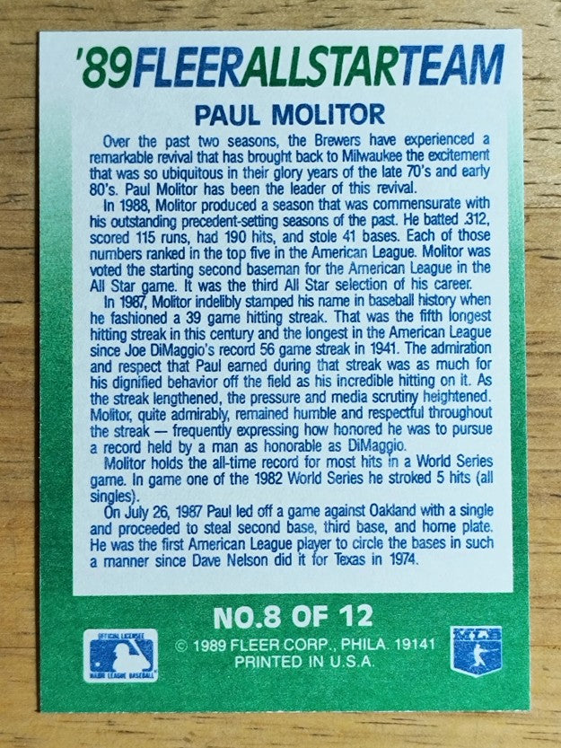 1989 Fleer All-Stars #8 Paul Molitor