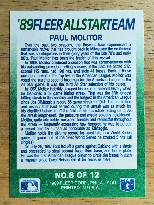 1989 Fleer All-Stars #8 Paul Molitor