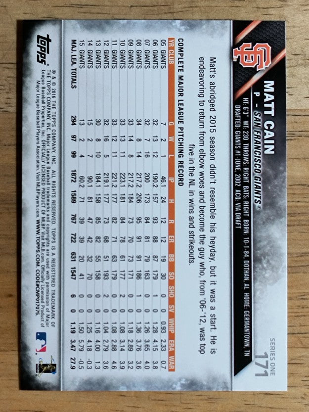 2016 Topps #171 Matt Cain