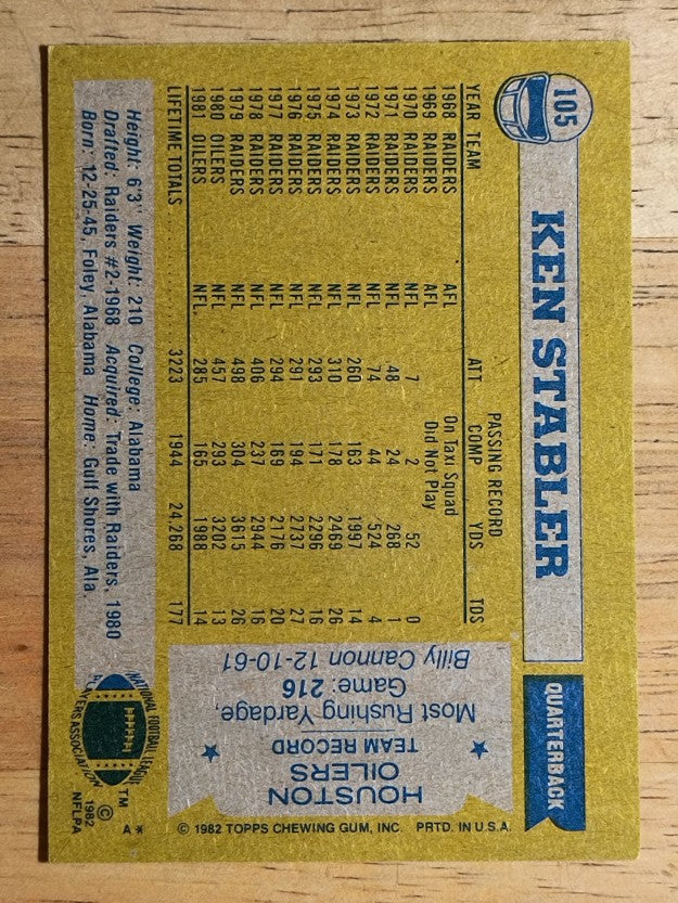 1982 Topps #105 Ken Stabler
