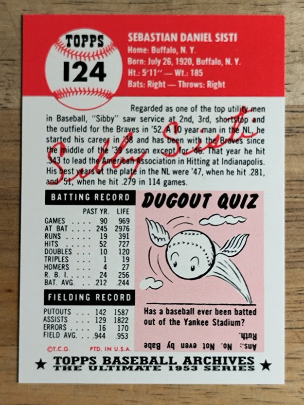 1991 Topps Archives '53 #124 Sibby Sisti